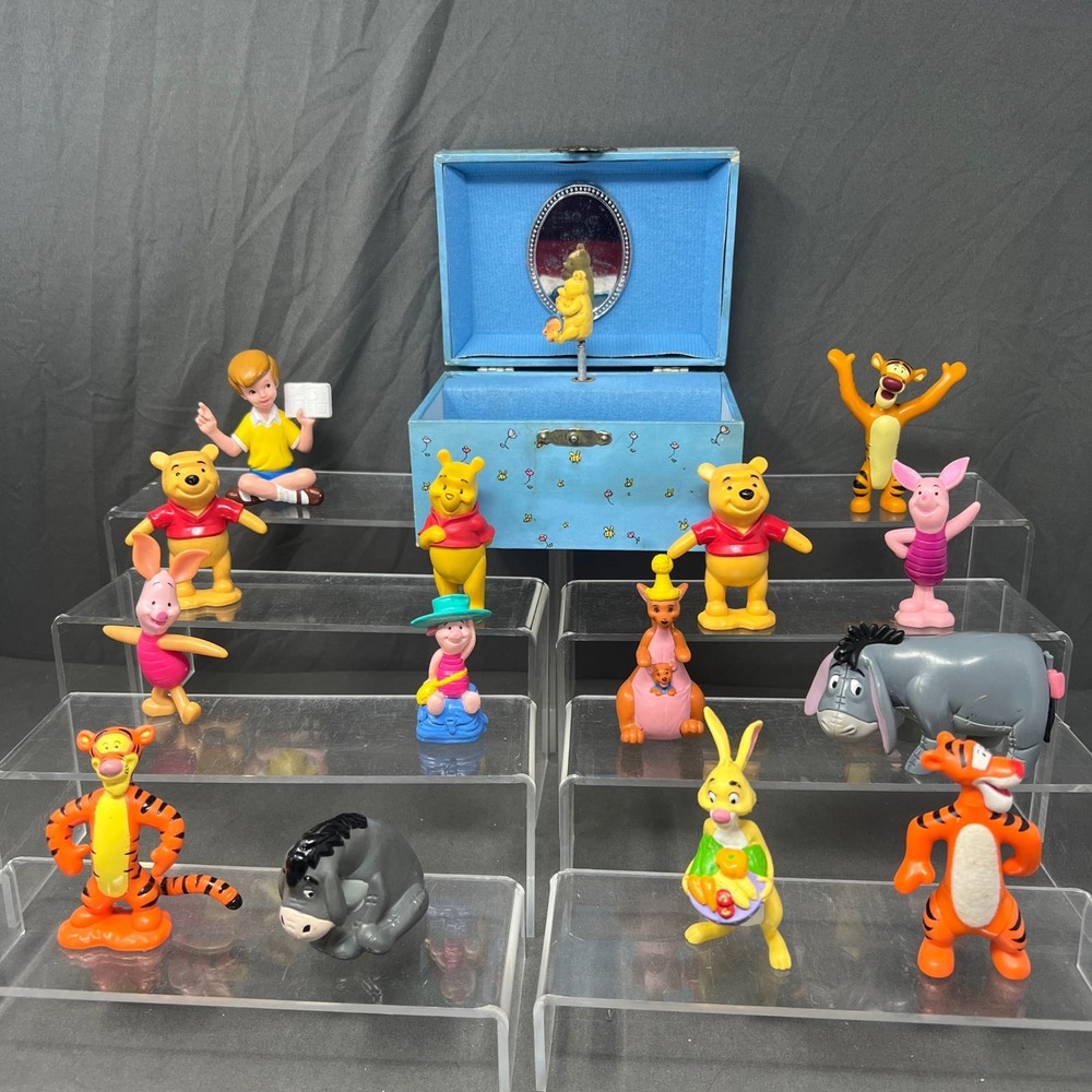 Winnie Pooh Figure Lot Christopher Robin Eeyore Piglet Rabbit Wind Up Music Box